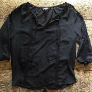 Express Black Sheer Peasant Blouse Size XS Tie Neck Easy Fit Lace Detailing